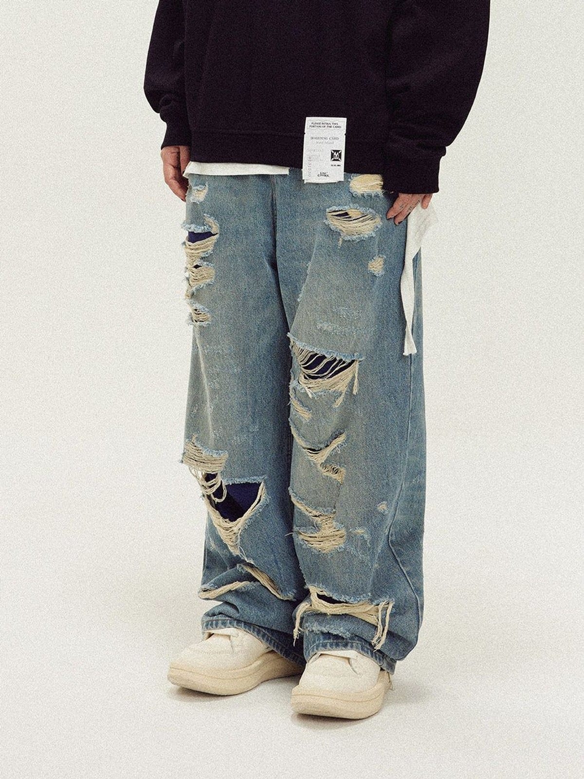 LOSTCTRL Heavy Distressed Double Layer Jeans in Blue - On Model