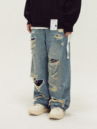 LOSTCTRL Heavy Distressed Double Layer Jeans in Blue - On Model