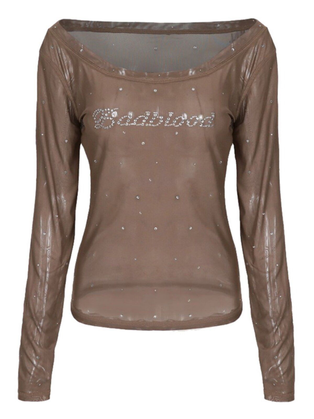 BADSEED Sheer Mesh Rhinestone Off Shoulder Top in Brown