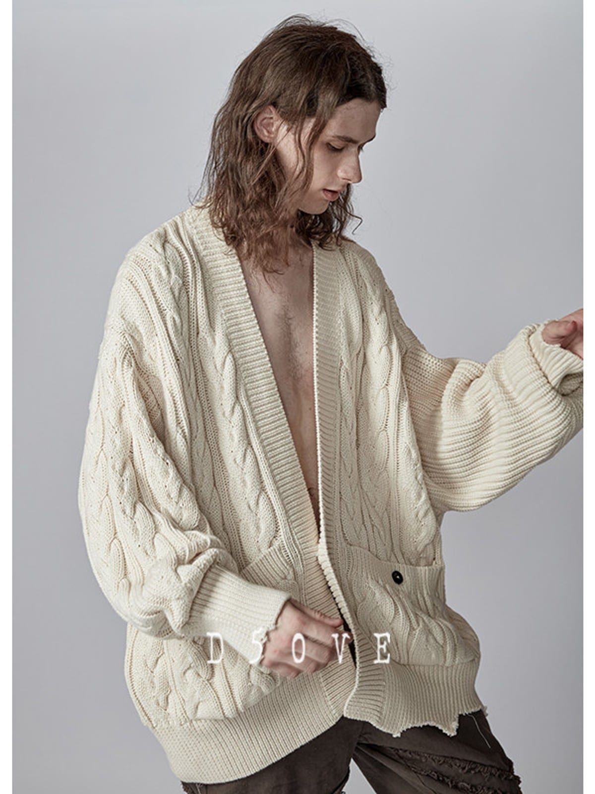 D5ove Distressed Cable Knit Noragi Cardigan in Cream - On Male Model