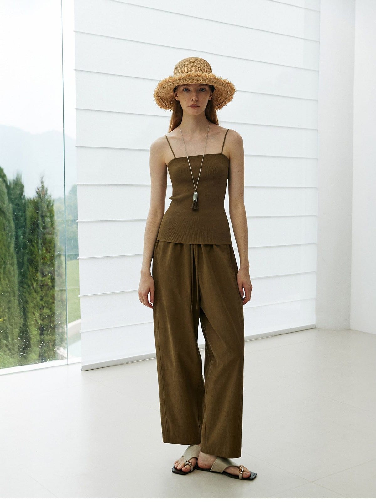 TEASEL Cotton Blend Drawstring Cropped Pants in Brown - On Female Model