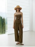 TEASEL Cotton Blend Drawstring Cropped Pants in Brown - On Female Model