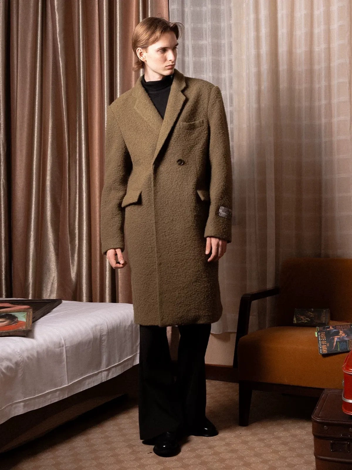 SOD Oversized Double Breasted Wool Blend Coat in Green - On Male Model