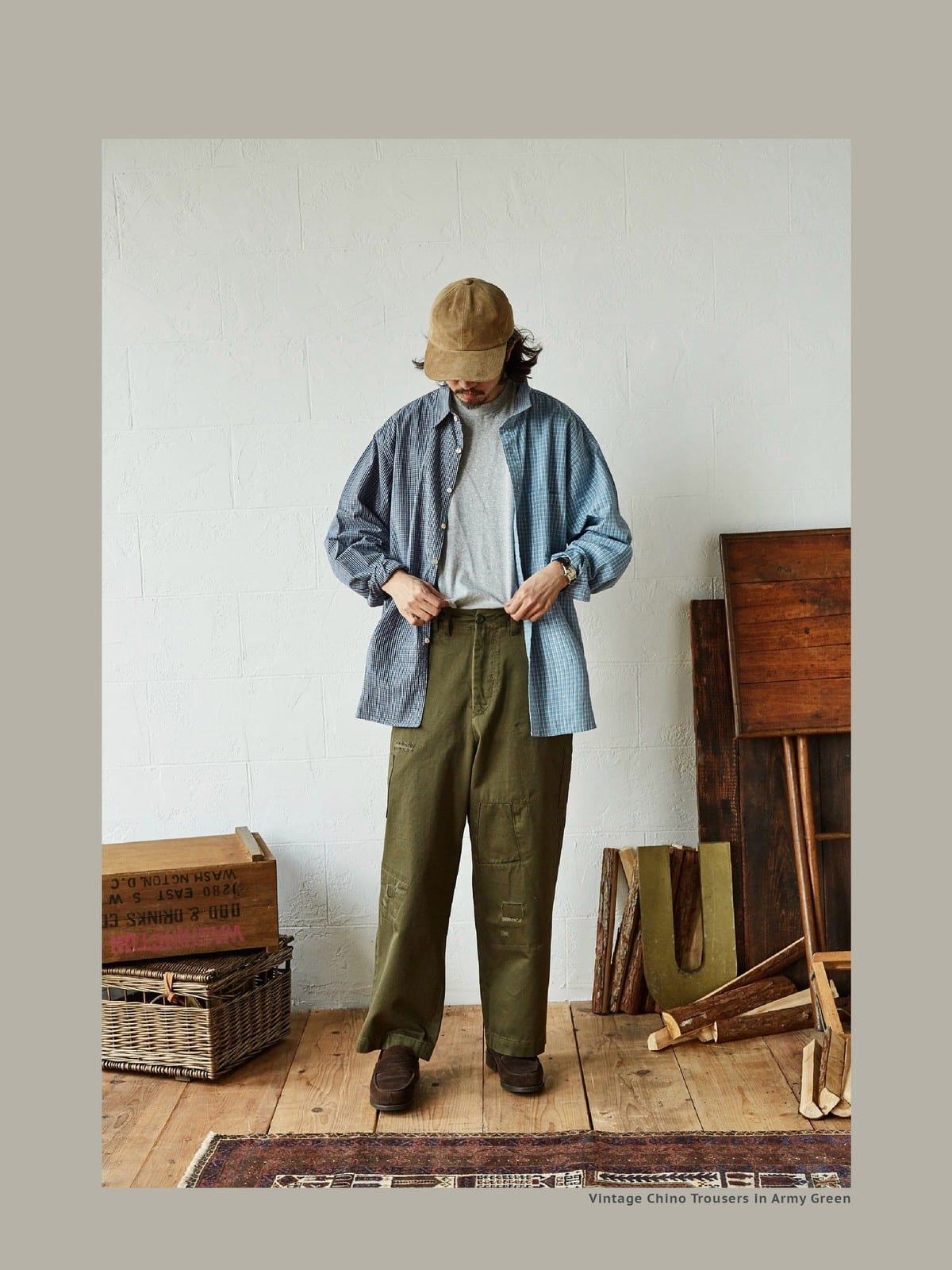 USAGE Hand Distressed Patched Chinos in Olive - On Male Model