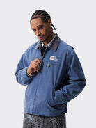 MEDM Washed Cotton Detroit Zip Up Jacket in Blue - On Male Model