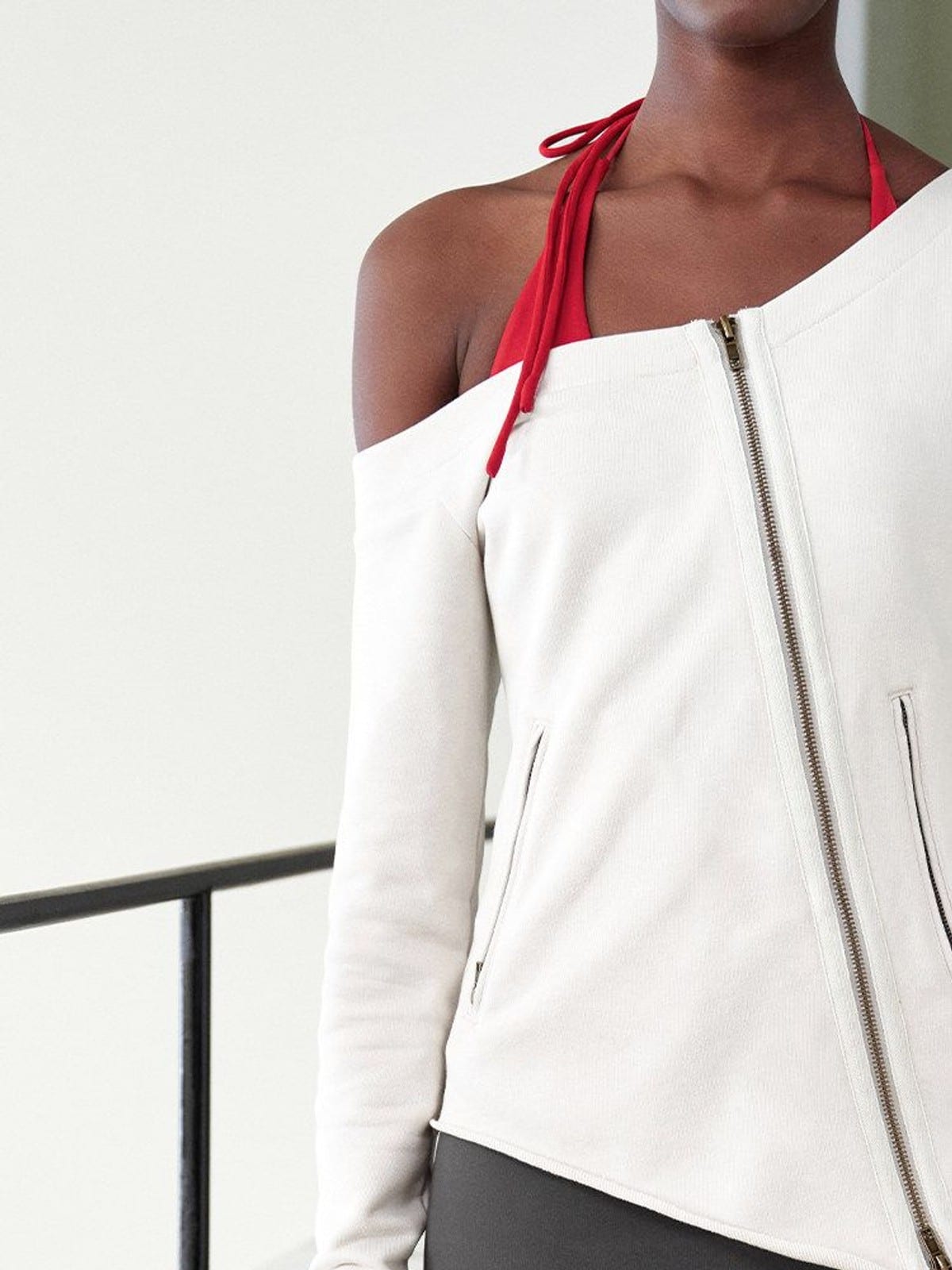 RARELY ALIKE Asymmetric Off Shoulder Sweatshirt in White - On Female Model