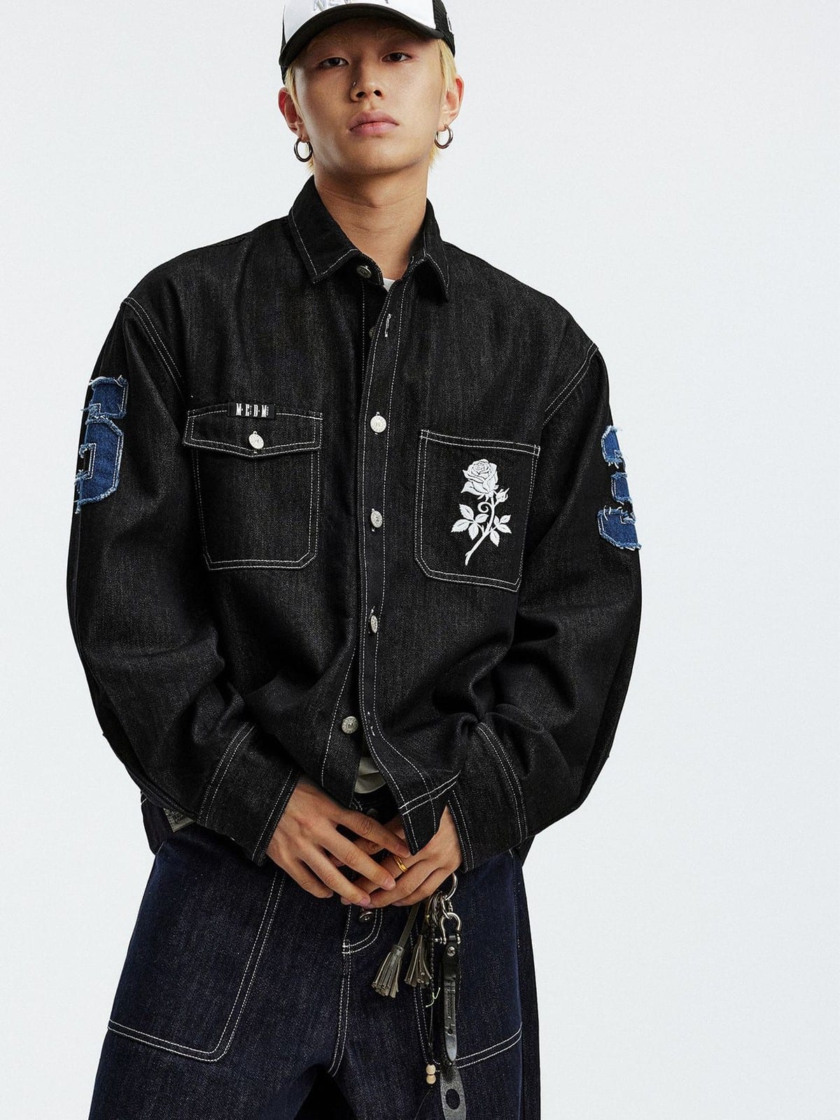 MEDM Lyocell Blend Logo Patch Denim Jacket in Denim - On Male Model