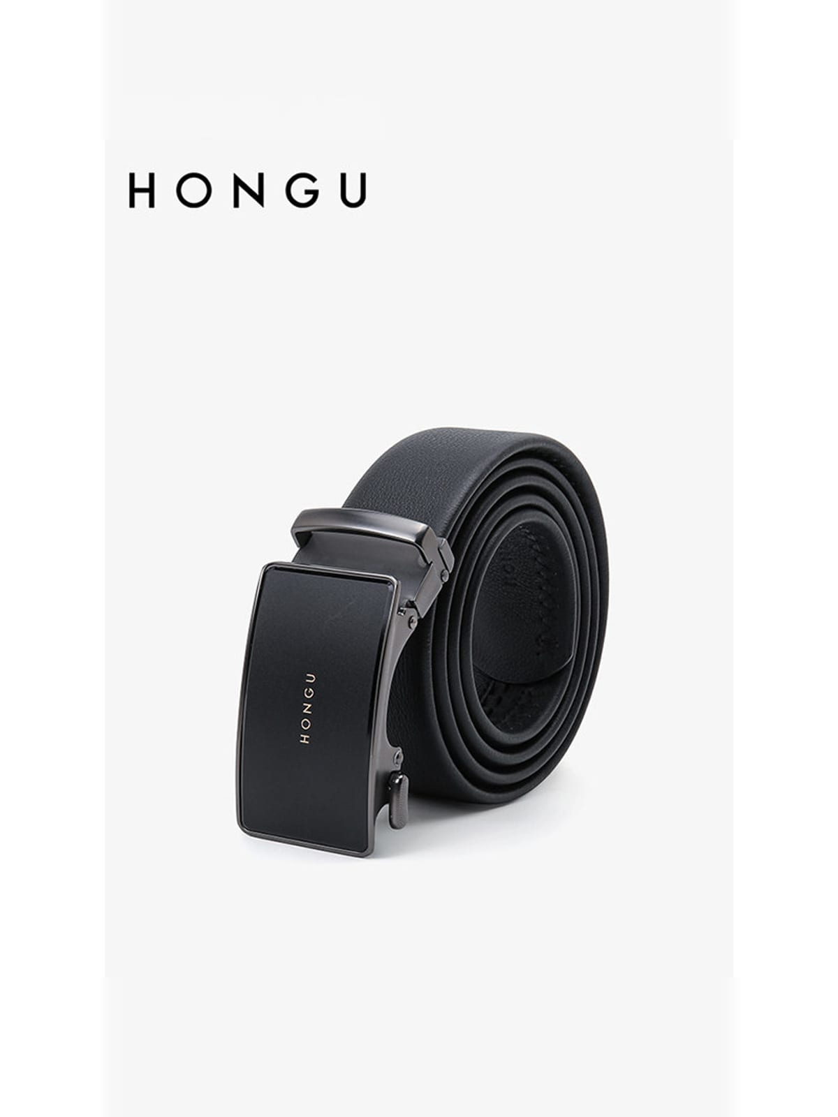 HONGU Top Grain Leather Automatic Belt in Black