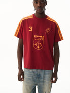BLINDNOPLAN Retro Color Block Graphic T Shirt in Red - On Male Model