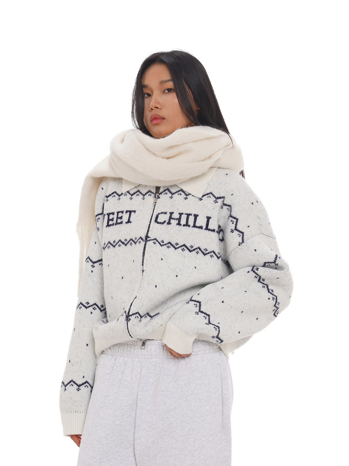 SweetChilling Fair Isle Zip Up Knit Jacket in White - On Female Model