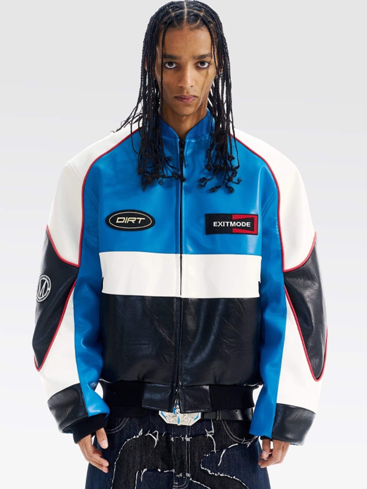 BLINDNOPLAN Color Block Faux Leather Padded Jacket in Blue - On Male Model