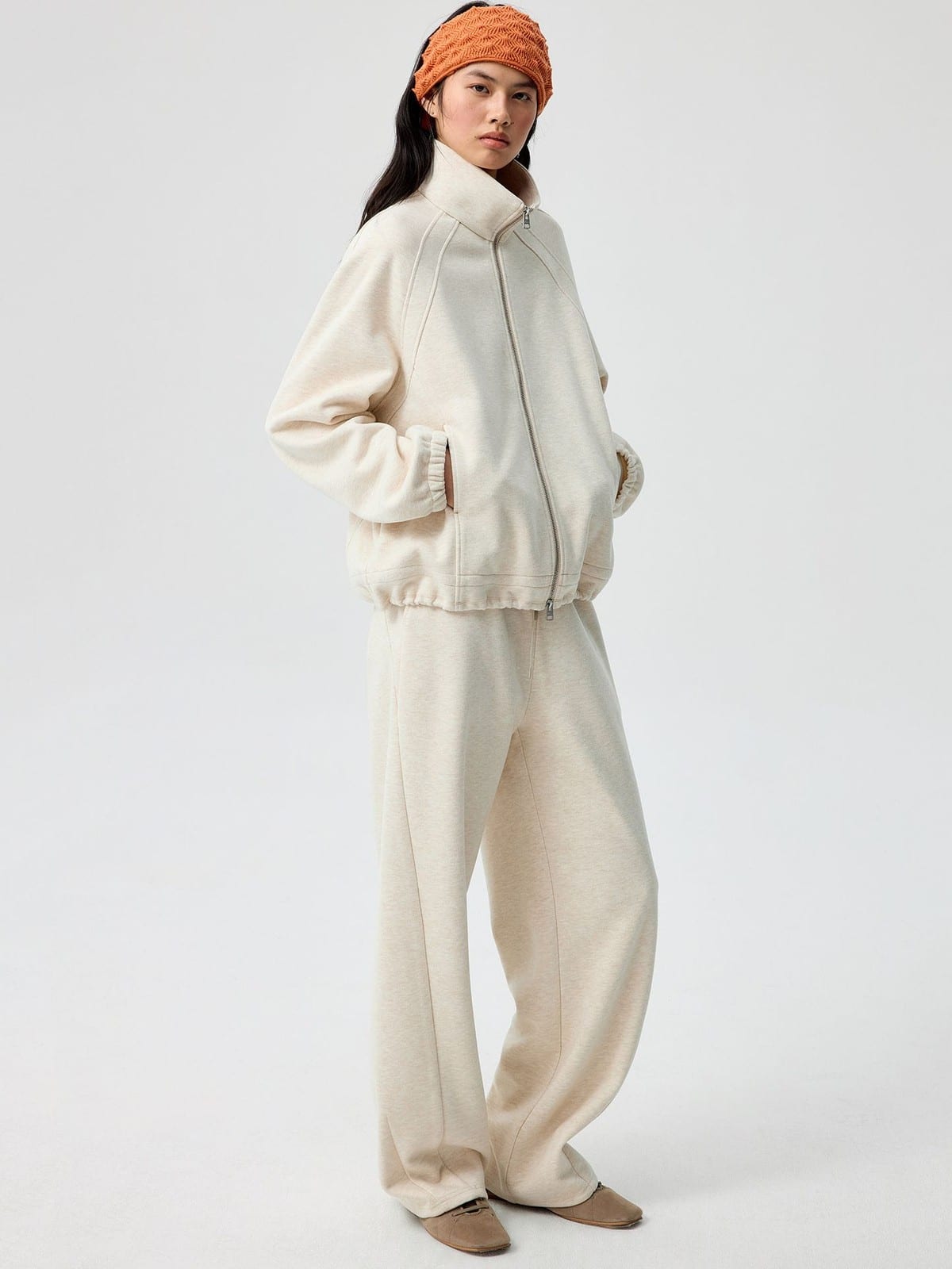 SIMPLE PROJECT Ruffled Adjustable Collar Zip Hoodie in Beige - On Female Model