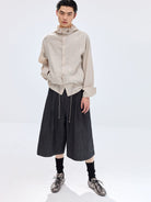 SIMPLE PROJECT Ramie Blend Selvedge Denim Cropped Shorts in Blue - On Male Model