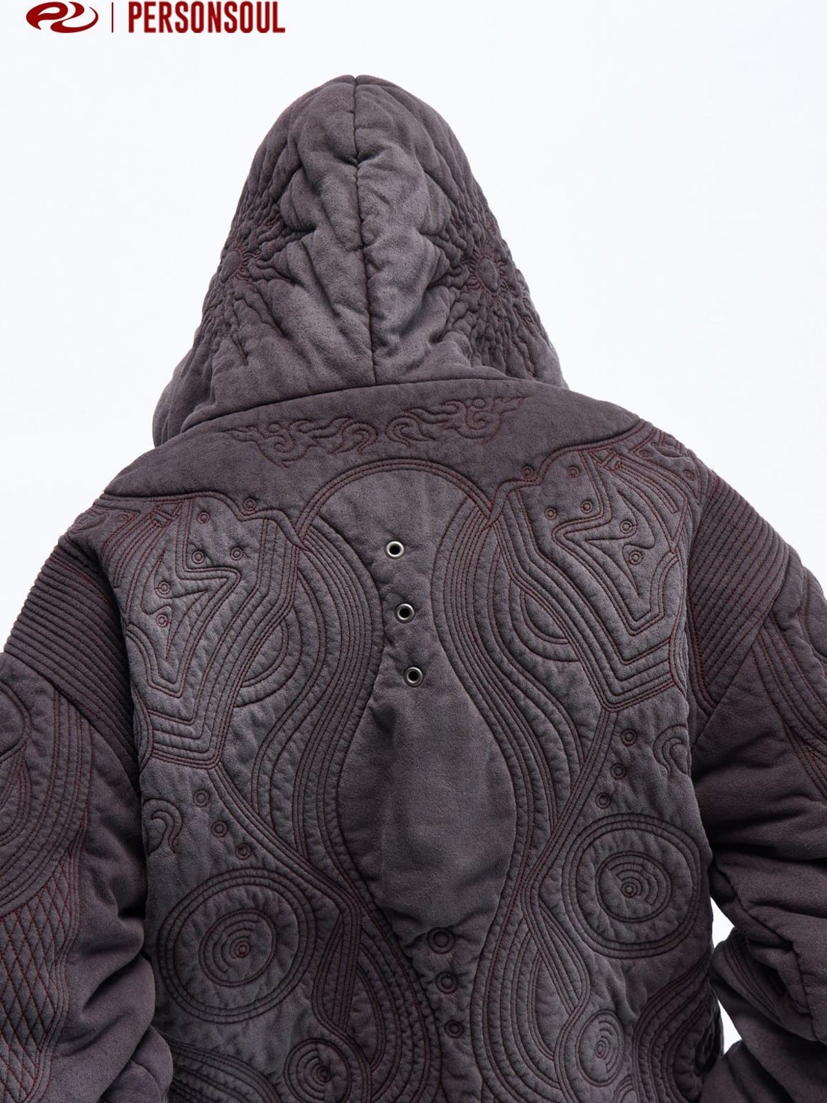 PERSONSOUL Totem Embroidered Distressed Hoodie in Gray - On Model
