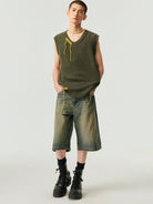 SIMPLE PROJECT Distressed Heavy Wash Denim Shorts in Blue - On Male Model