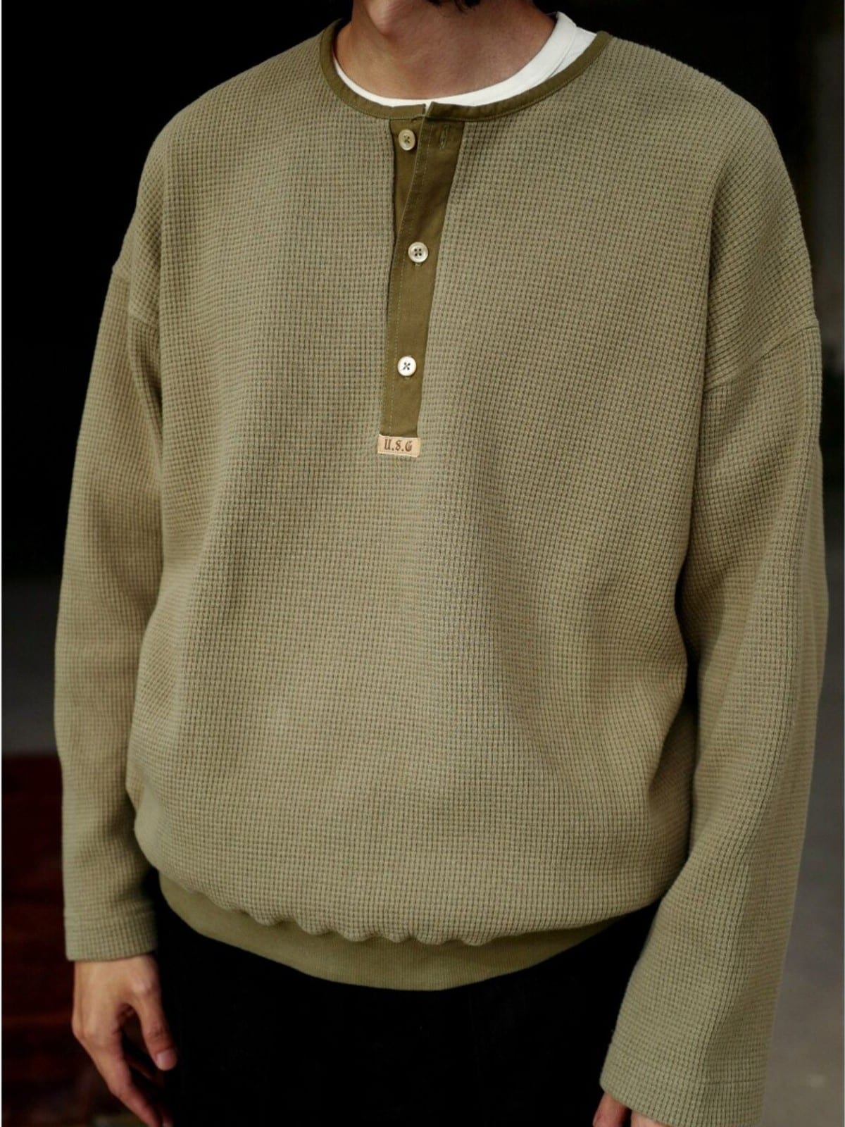 USAGE Heavyweight Waffle Knit Henley Sweatshirt in Olive - On Male Model