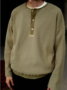 USAGE Heavyweight Waffle Knit Henley Sweatshirt in Olive - On Male Model