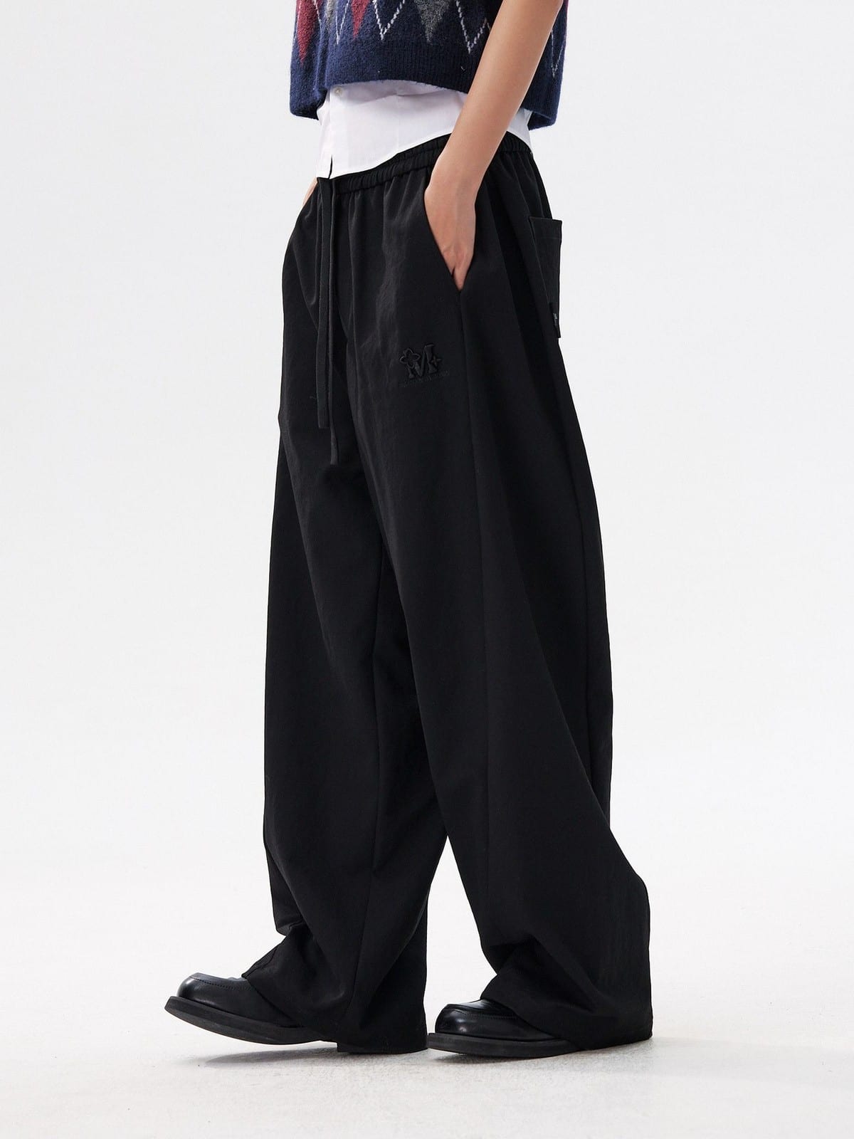 MEDM Spliced Drawstring Wide Leg Trousers in Black - On Model