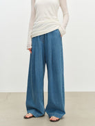 MSBEAST Silk Cotton Pleated Wide Leg Jeans in Denim - On Female Model