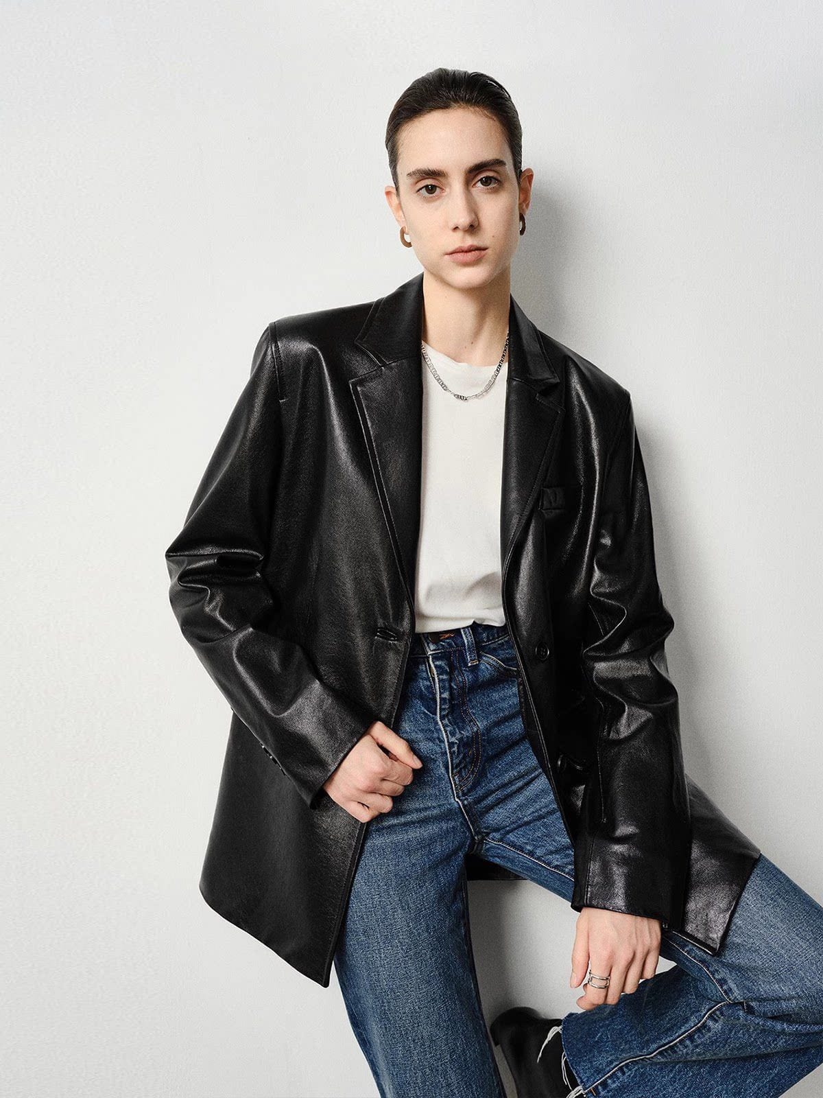 MSBEAST Vegetable Tanned Sheepskin Blazer in Black - On Female Model