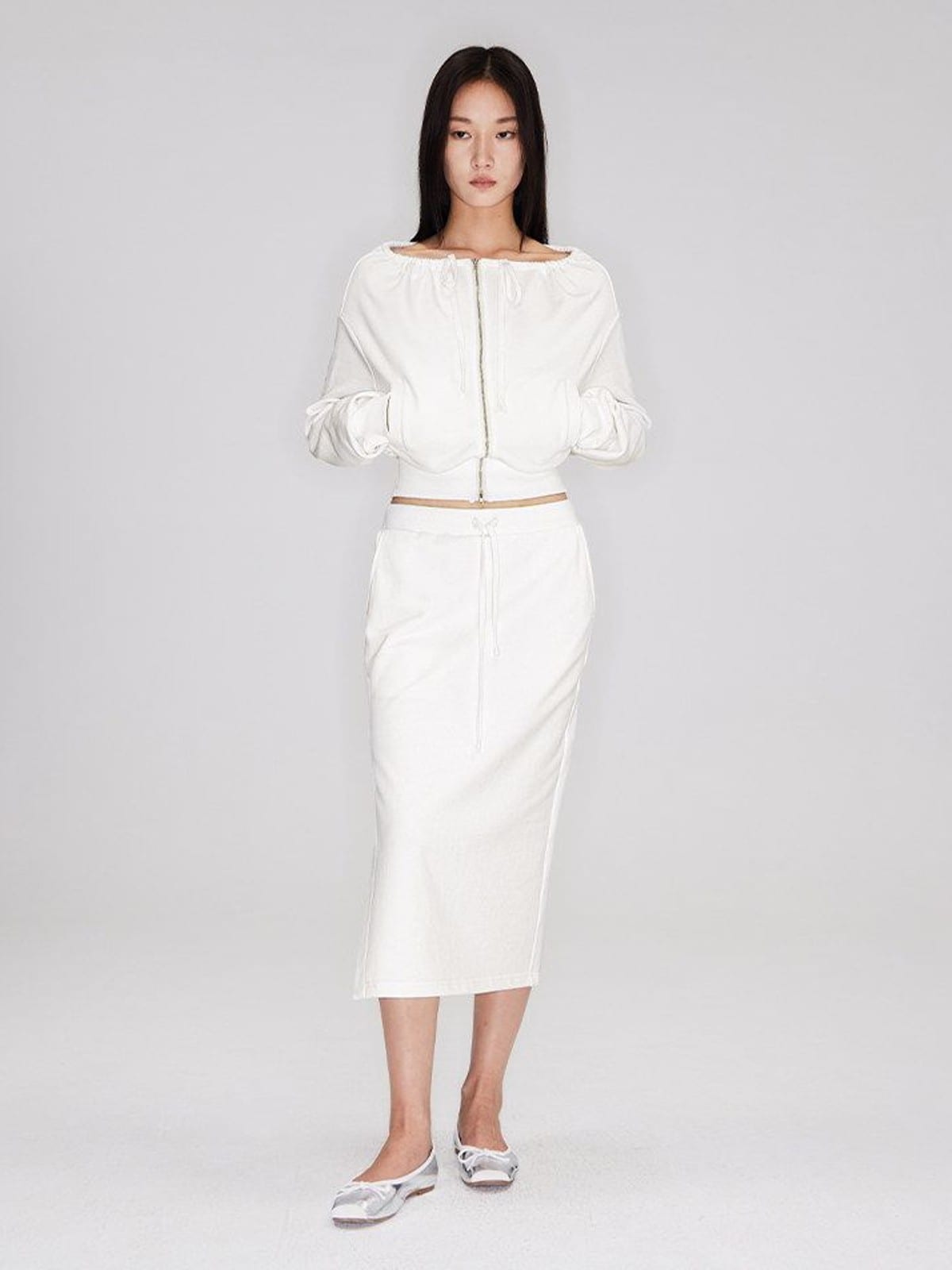 RARELY ALIKE Off Shoulder Zip Up Sweatshirt in White - On Female Model