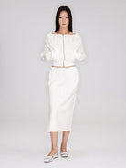 RARELY ALIKE Off Shoulder Zip Up Sweatshirt in White - On Female Model