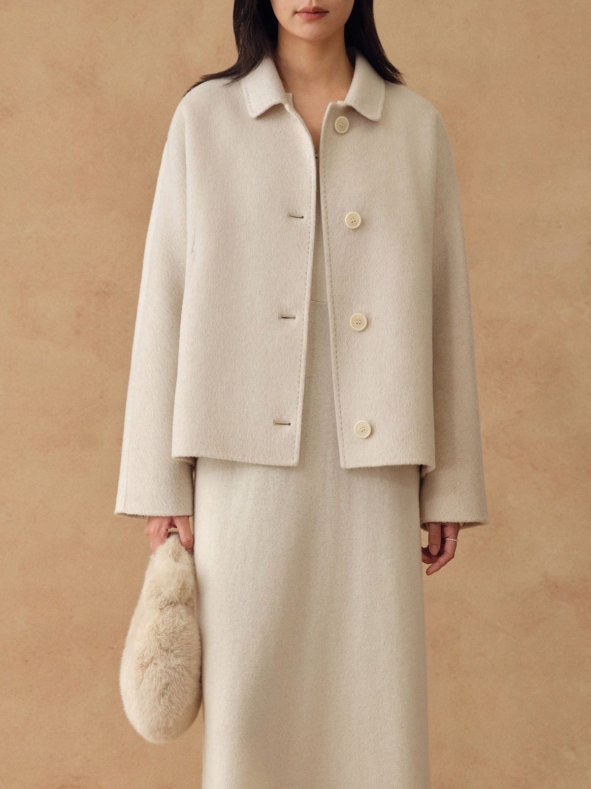 TEASEL Silk Wool Drop Shoulder Short Coat in White - On Female Model