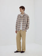 SIMPLE PROJECT Shawl Collar Crinkled Plaid Shirt in Khaki - On Male Model