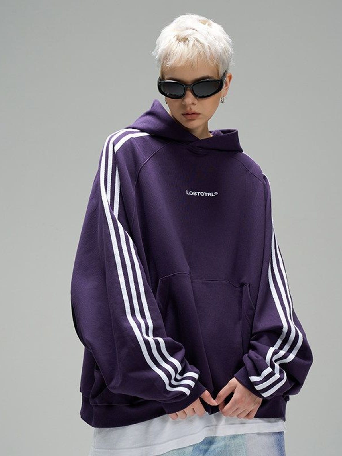 LOSTCTRL Three Stripe Cotton Hoodie in Purple - On Model