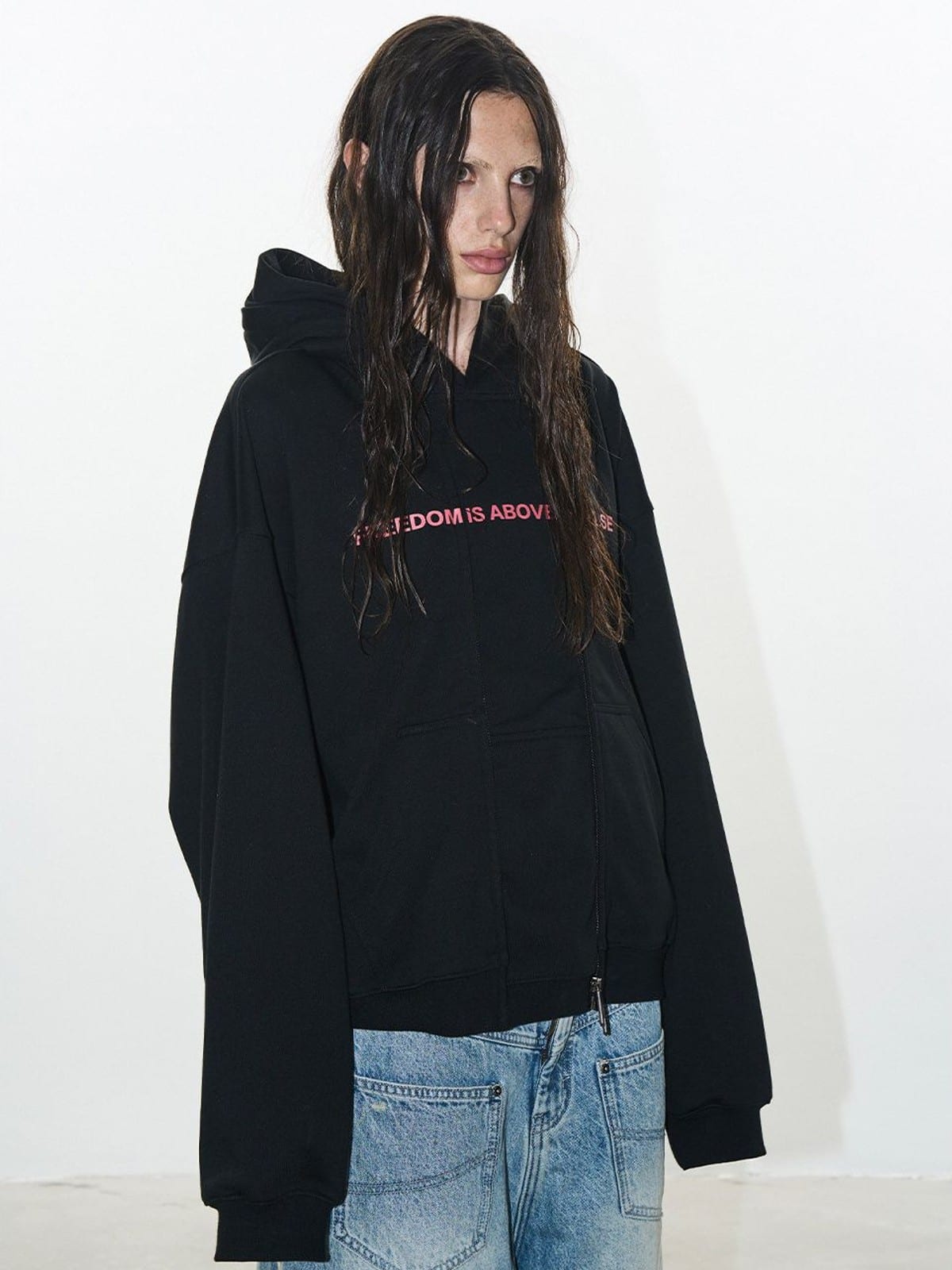 BLINDNOPLAN Faux Double Layer Paneled Hoodie in Black - On Model