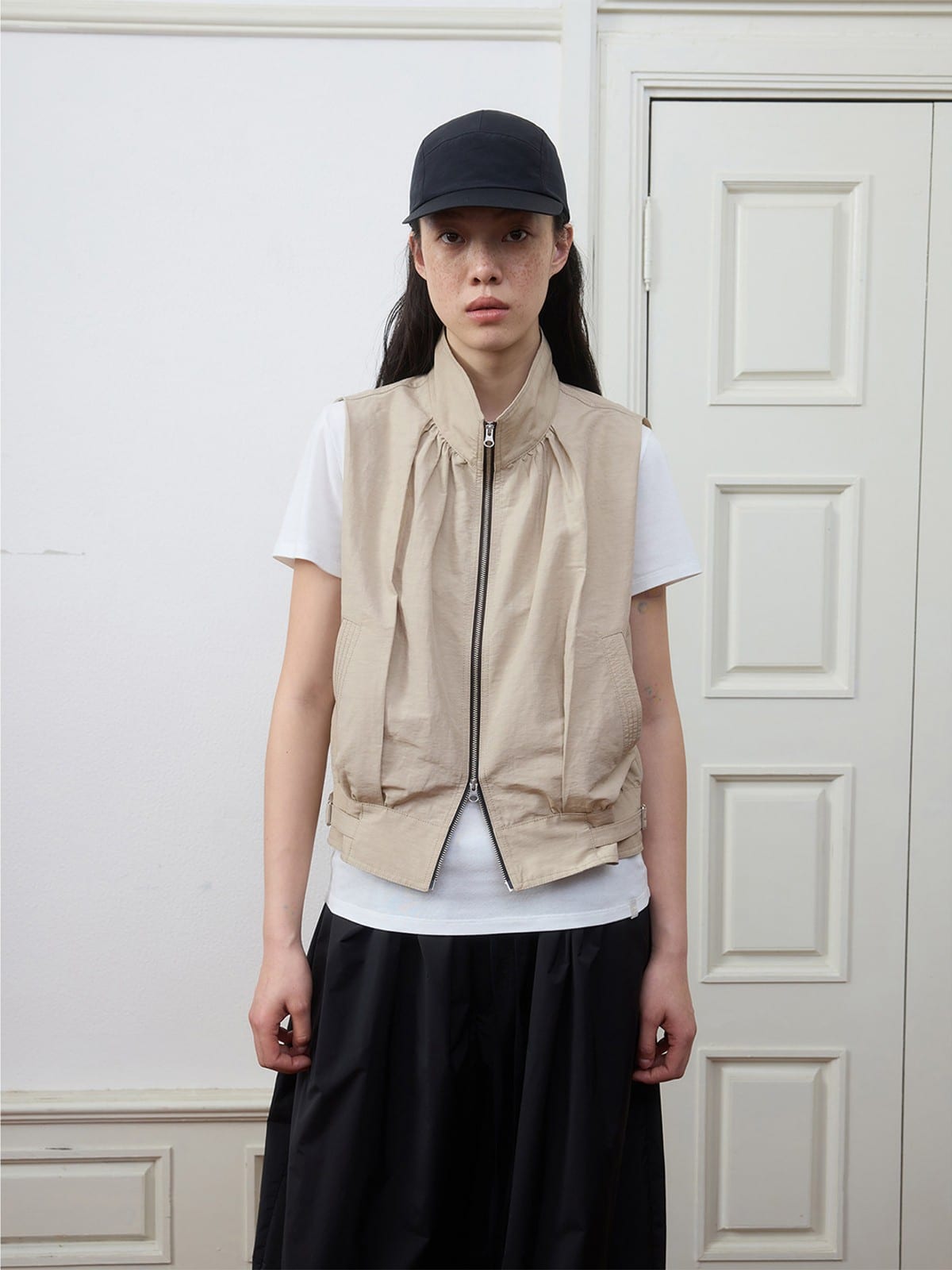 Random Piece Stand Collar Linen Blend Vest in Khaki - On Female Model