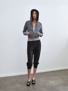 RARELY ALIKE Cropped Striped Zip Up Hoodie in Navy - On Female Model