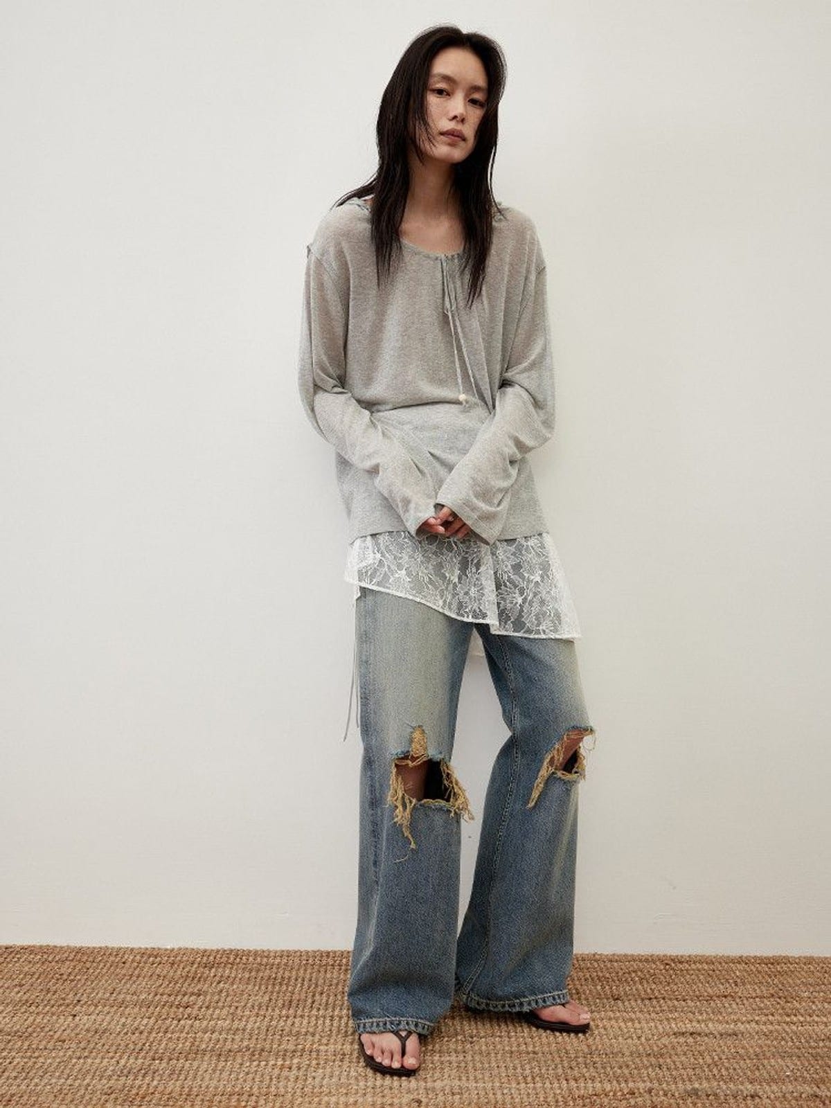 Random Piece Distressed Turkish Cotton Flared Jeans in Blue - On Female Model