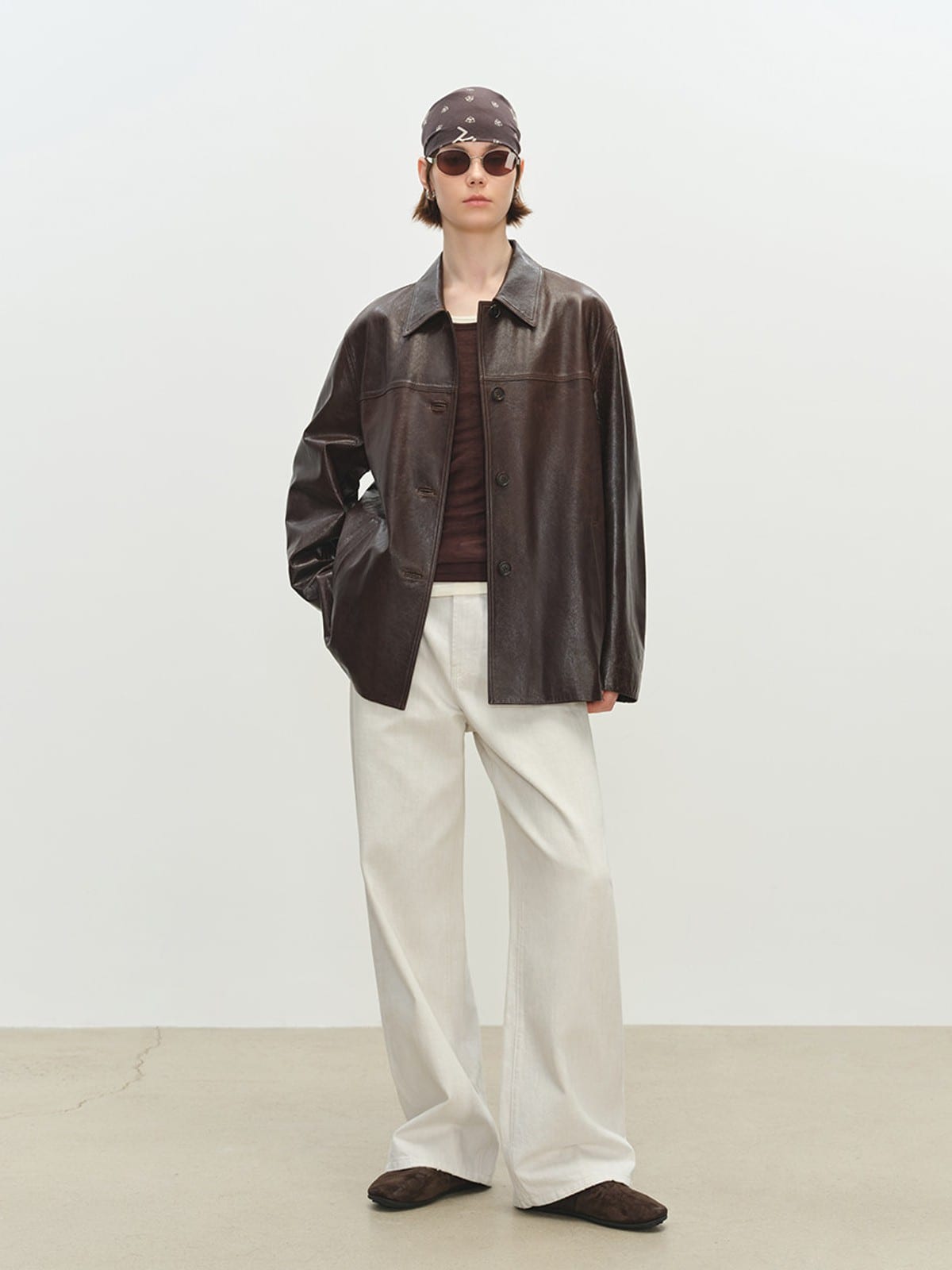 MSBEAST Oversized Lapel Sheepskin Jacket in Brown - On Female Model
