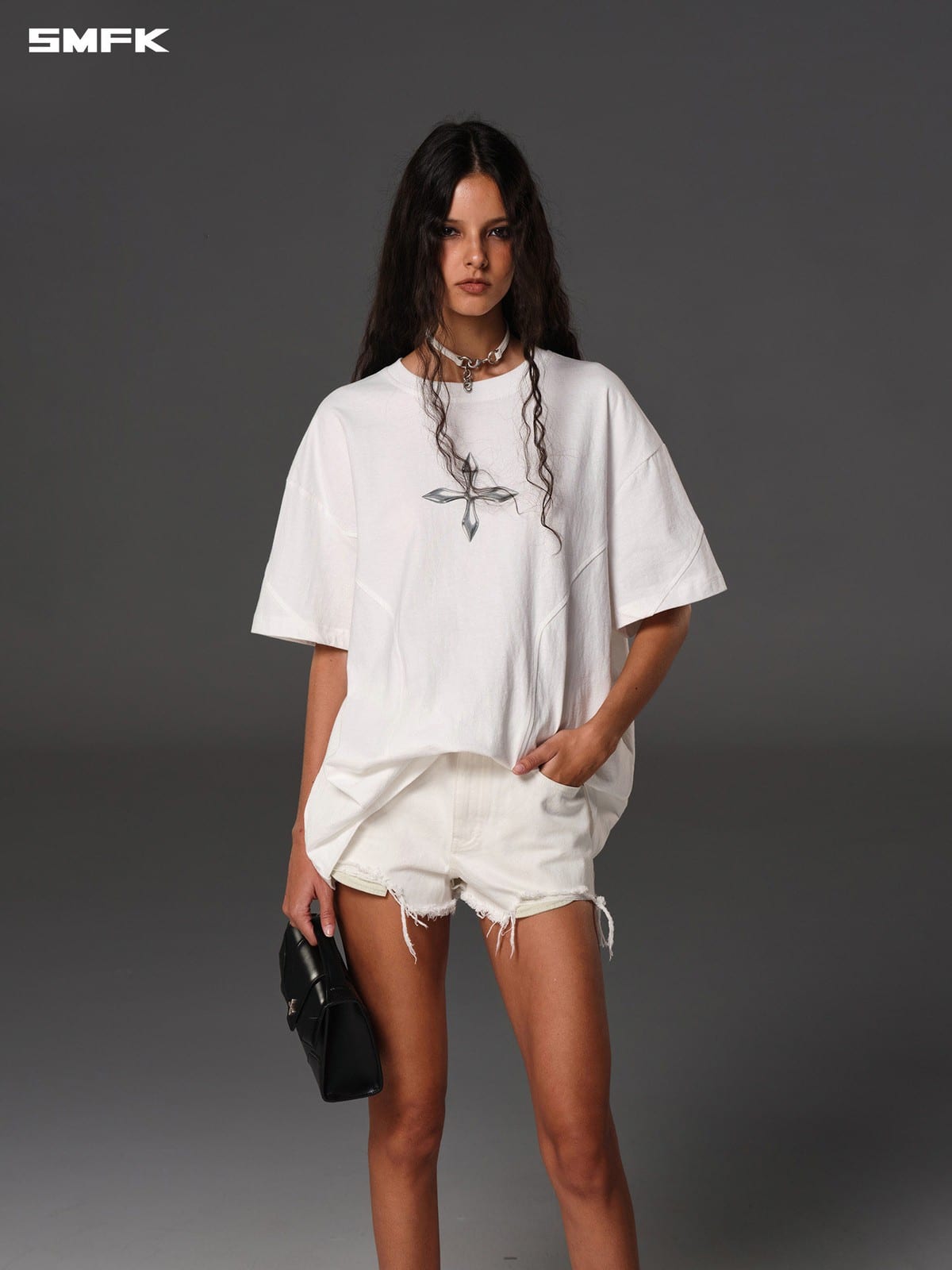 SMFK Oversized Cotton Graphic T Shirt in White - On Female Model