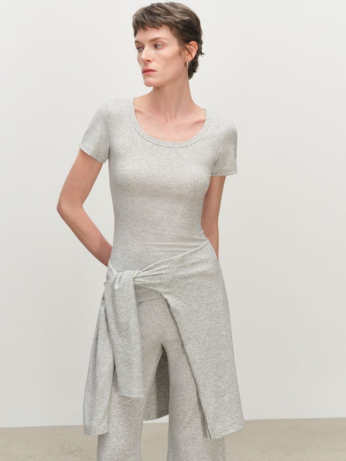 MSBEAST Lyocell Blend U Neck T Shirt in Heather Gray - On Female Model