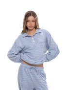 SweetChilling Striped Long Sleeve Polo Top in Light Blue - On Female Model
