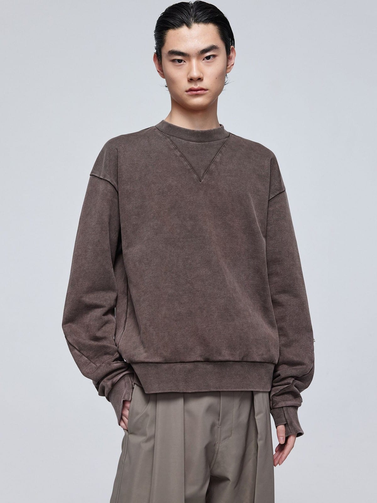 SIMPLE PROJECT Faded Cotton Crewneck Sweatshirt in Coffee - On Male Model