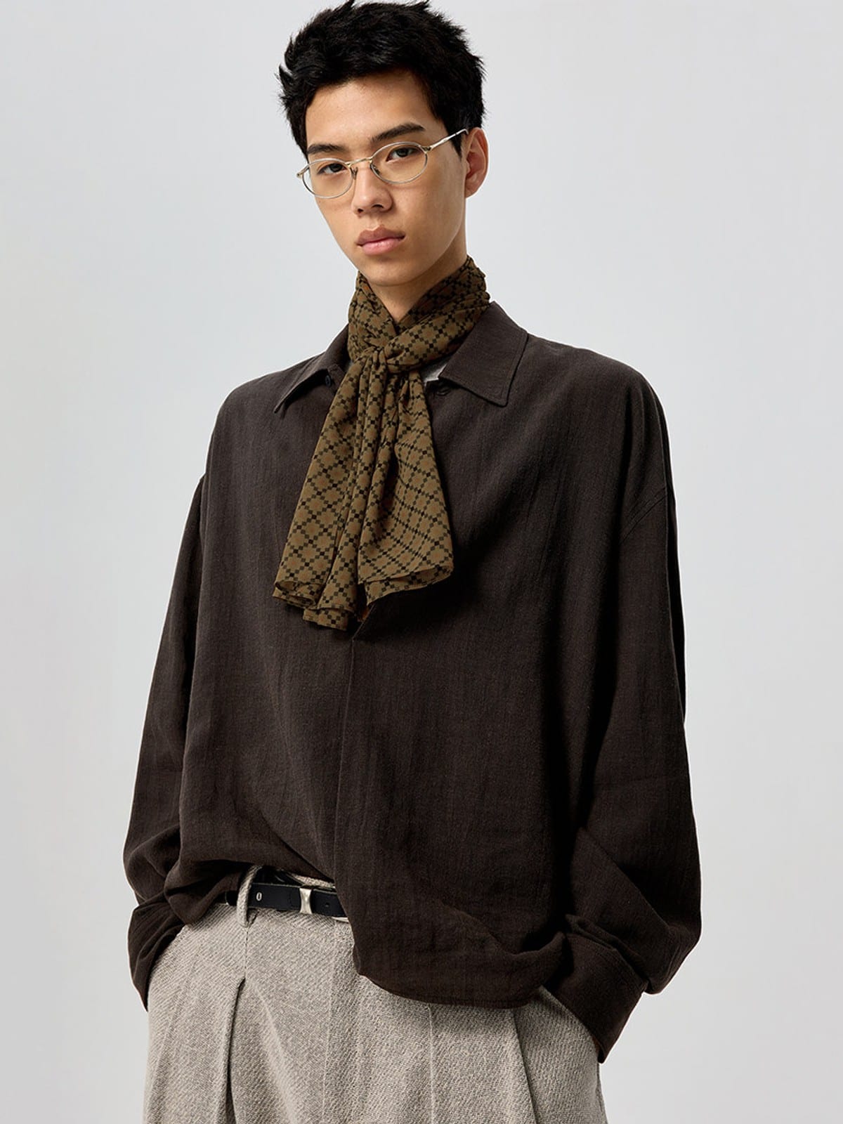 SIMPLE PROJECT Lyocell Ramie Pleated V Neck Shirt in Brown - On Male Model