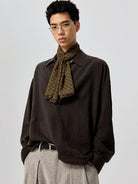 SIMPLE PROJECT Lyocell Ramie Pleated V Neck Shirt in Brown - On Male Model
