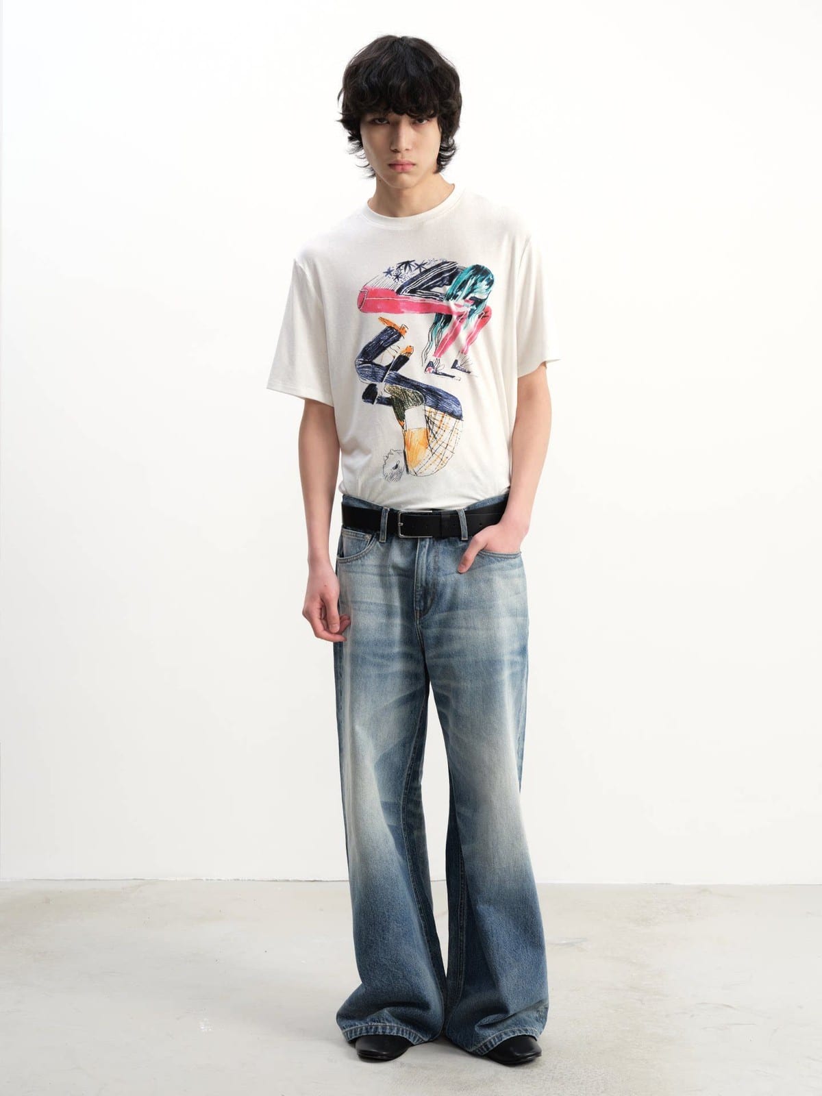 JCAESAR STUDIO Gray Blue Faded Wide Leg Jeans in Blue - On Male Model