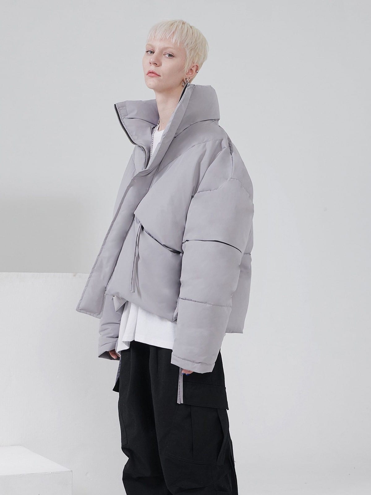 LOSTCTRL Deconstructed Down Blend Puffer in Gray - On Model