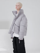 LOSTCTRL Deconstructed Down Blend Puffer in Gray - On Model