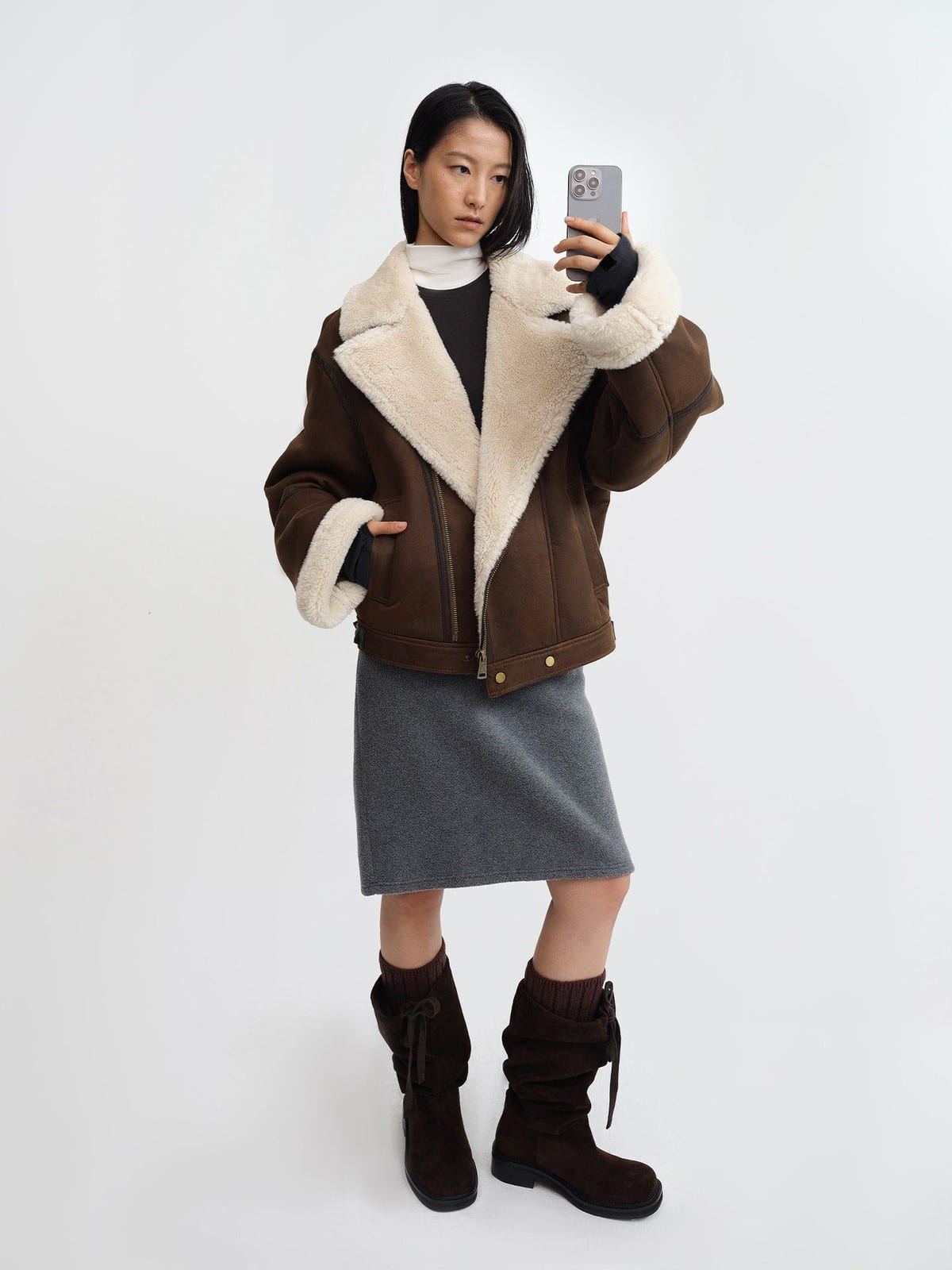 RARELY ALIKE Oversized Faux Shearling Lapel Jacket in Brown - On Female Model