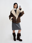 RARELY ALIKE Oversized Faux Shearling Lapel Jacket in Brown - On Female Model