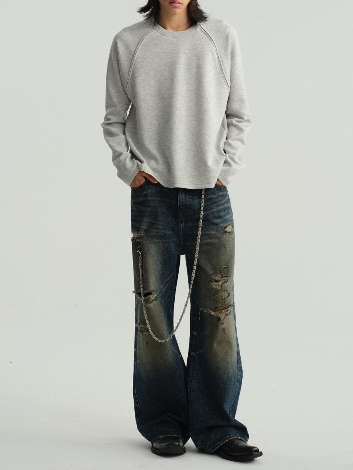 JCAESAR STUDIO Structural Seam Viscose Sweatshirt in Light Gray - On Male Model
