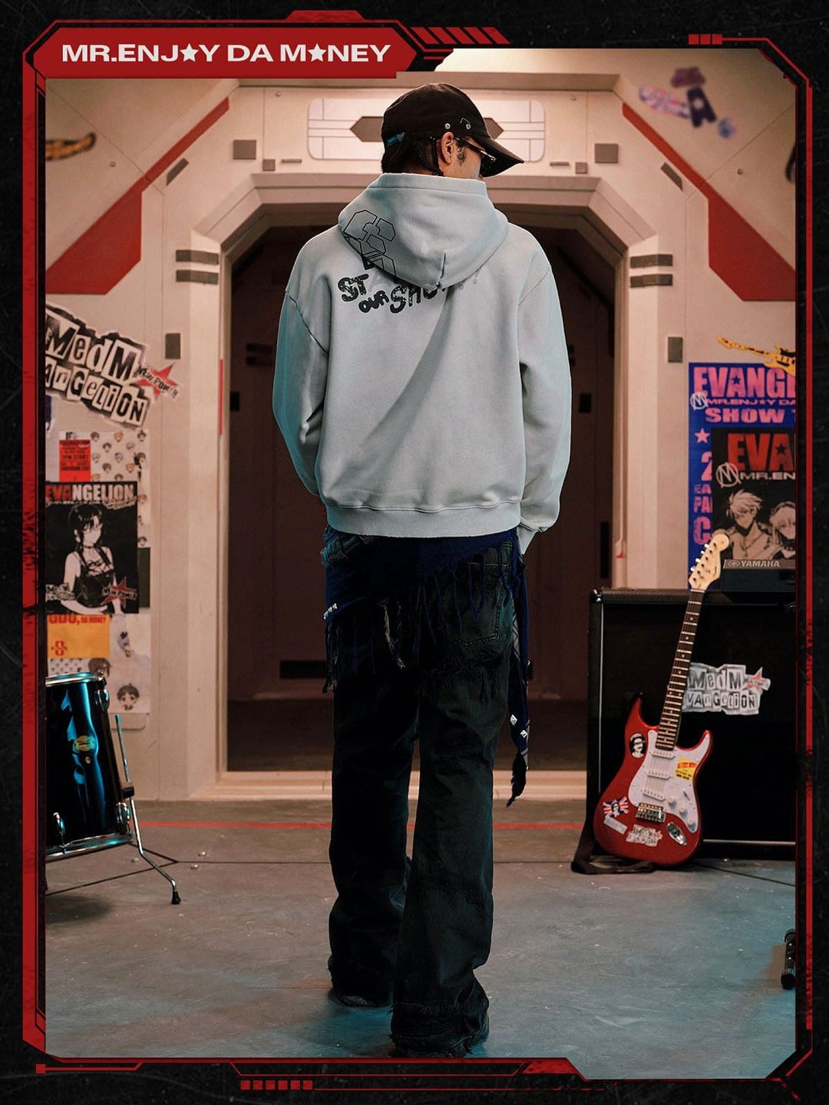 MEDM Evangelion Distressed Zip Up Hoodie in Gray - On Model
