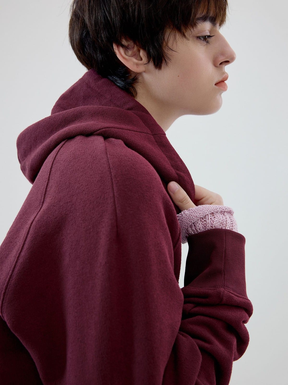 SIMPLE PROJECT Cotton Blend Zip Up Hoodie in Burgundy - On Model