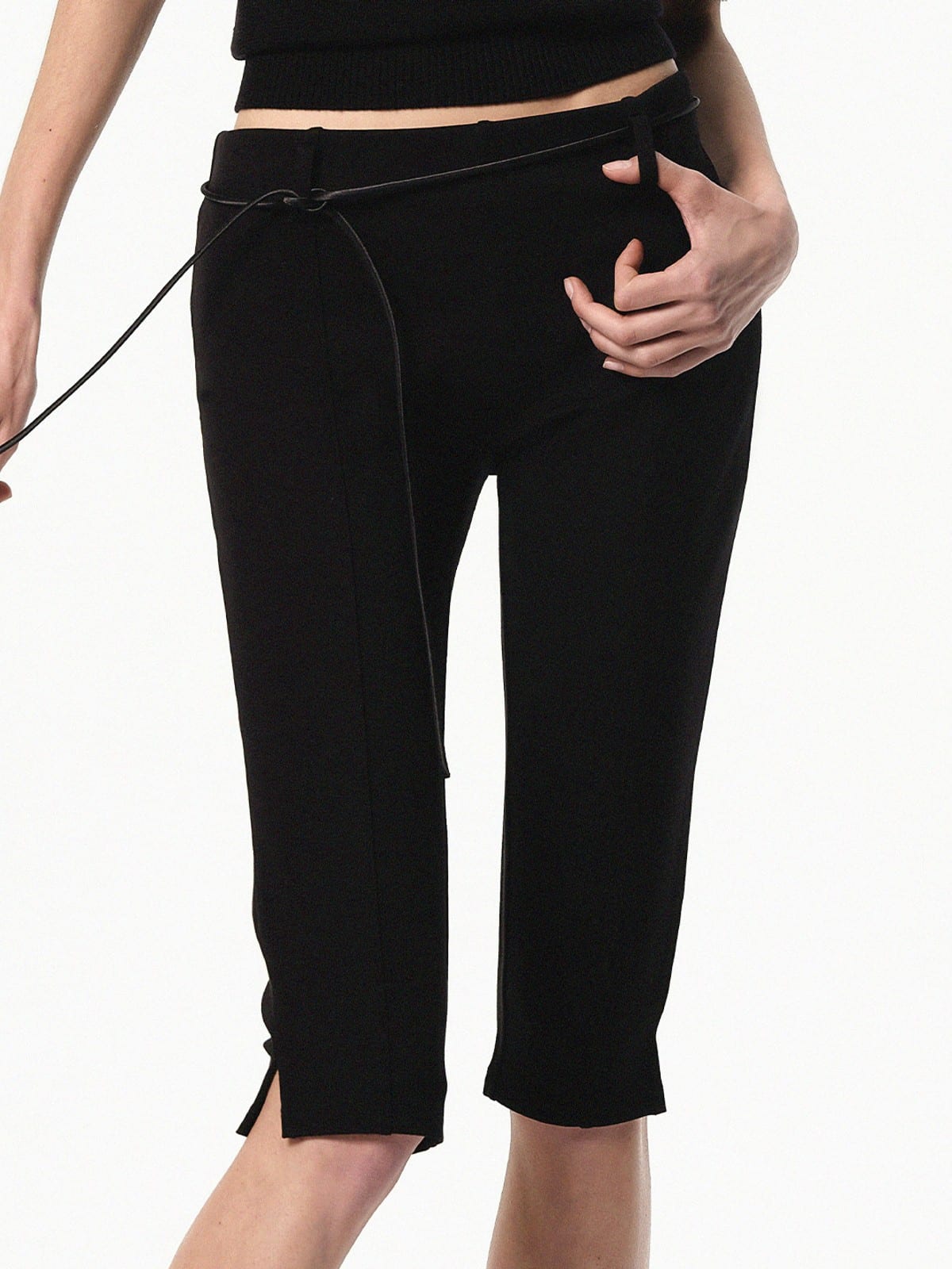 RARELY ALIKE Viscose Blend Belted Cropped Pants in Black - On Female Model