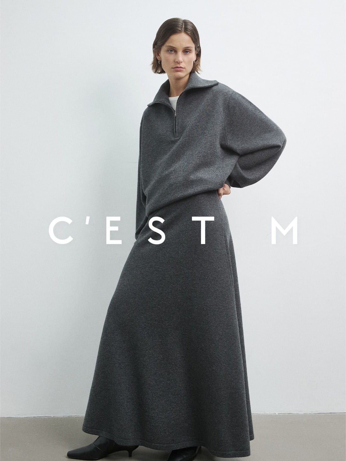 CEST M Half Zip Sweater A Line Skirt Set in Gray - On Female Model